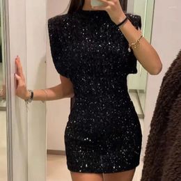 Robes décontractées Hiver Hoilday Party Robe de bal Silm épaulettes sequin mini robe pour femme élégante col rond sans manches femme noir