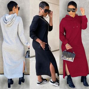 Robes décontractées hiver sweat à capuche robe femmes manches longues fendues avec poches pull ample vêtements à capuche 2023