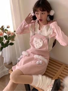 Robes décontractées hivernais rose kawaii sweet en denim robe robe femme japonais japonais élégant suspension femelle poche y2k vintage 2024