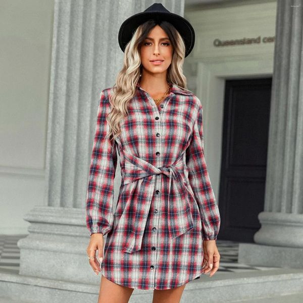 Robes décontractées vestidos d'hiver dames à manches longues cols bandage bandage femmes vintage de chemise imprimée à plaid vintage automne