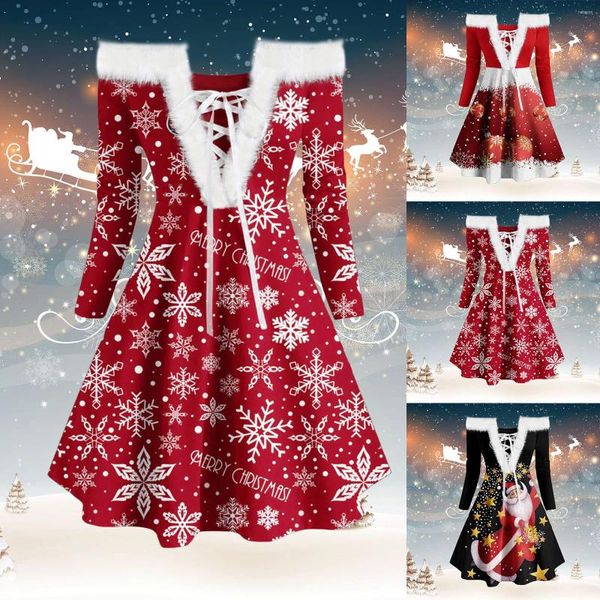 Vestidos informales Mujeres de invierno Vestido navideño elegante copo de nieve Sexy Off Shoule de manga larga Fiesta de cuello de piel sintética A Línea Disfraces de Navidad