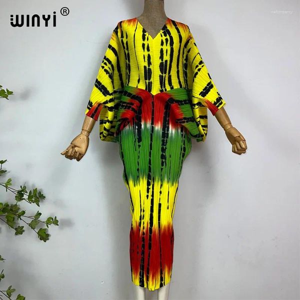 Vestidos casuales WINYI Vestido de mujer plisado Color Bohemio Estampado con cuello en V Manga larga Calf Kaftan Estilo 2024 Playa Caftan