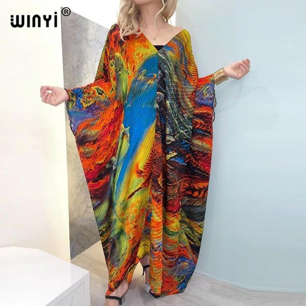Robes décontractées winyi imprimé Caftan pour femmes conception de crumple robe lâche batwing maxi