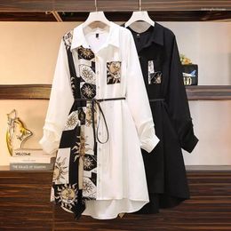 Robes décontractées avec une ceinture Design de mode étroite mince minorité moyenne robe longue femmes printemps noir blanc étudiant