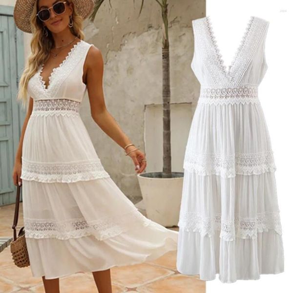 Vestidos casuales Withered Indie Folk Vintage Lace Splicing V-cuello Tank Dress Mujeres Holiday Sin mangas Summer Beach Midi