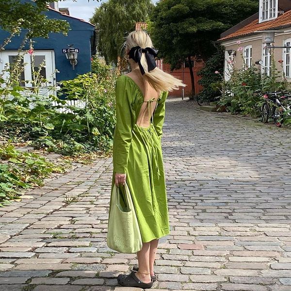 Robes décontractées WJFZQM Sexy dos nu pansement à manches longues robe moulante dames Club fête Midi automne froncé vert pour les femmes 2023