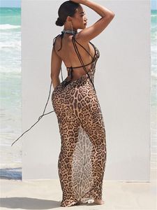 Vestidos casuales WJFZQM Sexy See Through Mesh Women Maxi Dress Backless Lace Up Bodycons Mujer Ropa de playa Moda Estampado de leopardo Fiesta