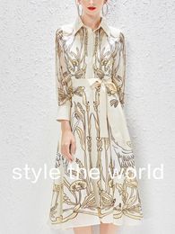 Casual jurken wkfyy elegante vintage Boheemse print lanter mouw riem met een enkele borsten geplooide maxi midden kalf lange overhemd rok d4986