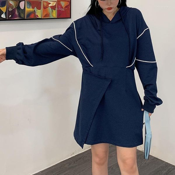 Robes décontractées WKFYY Femmes Causal Plus Taille Bleu Marine Coton Asymétrique Irrégulière Manches Chauve-Souris À Capuche Lâche Mini Robe À Capuche Courte