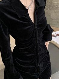 Casual jurken woherb vrouwen doen sleutel zwarte jurk vintage fluwelen herfst geplooide vestidos mode dames met één borsten af