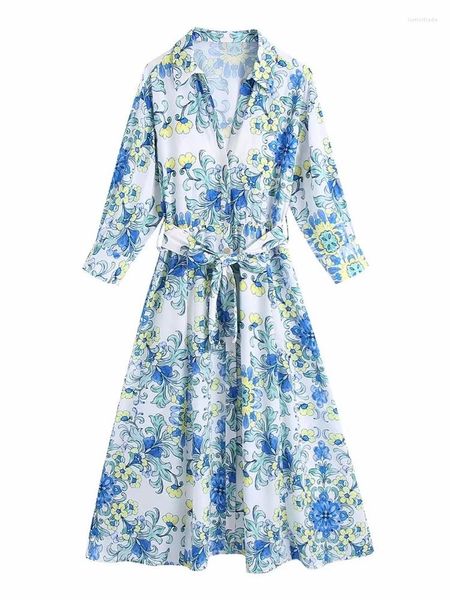 Robes décontractées femme bleu imprimé Satin chemise 2023 printemps femme Style national longues dames Floral laçage robe de plage