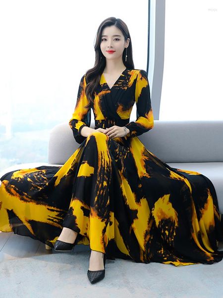 Robes décontractées femme vêtements jaune à manches longues robe 2023 printemps élégant en mousseline de soie Maxi Floral Vintage fête mode soirée pour