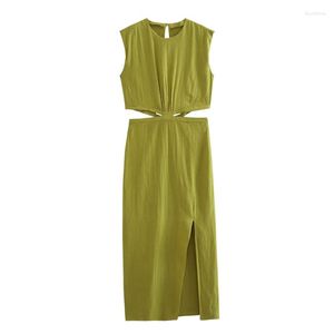 Casual Jurken Vrouw Elegante Groene Taille Uitgehold Tank Jurk 2023 Zomer Vrouwelijke Mode Effen Ruglooze Lange Dames Side Split