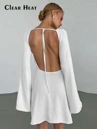 Casual Jurken Vrouw Mode Backless Lace Up Jurk Elegante O Hals Flare Mouw Rechte 2023 Vrouwelijke Solid Party Club vestidos