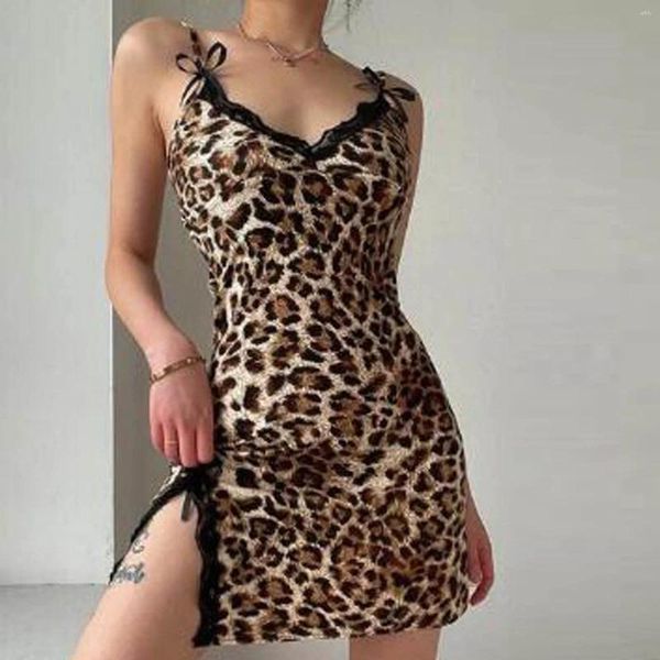 Vestidos casuales mujer damas 2024 vestido estampado leopardo fuera del hombro bodycon mini sexy encaje tirantes divididos sin espalda verano