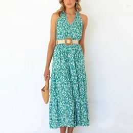 Casual jurken Vrouw lange jurk mouwloze bloemen boog vleugel sjerp V-hals hoge taille groene kleding zomer strand mode middenkalf