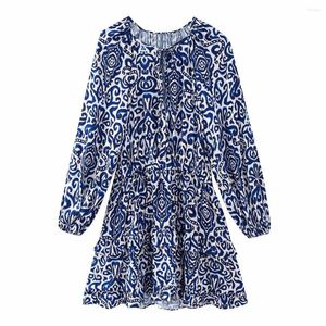 Casual jurken vrouw marineblauw print korte jurk 2023 veer vrouwelijke trapsgewijze ruches mini dames losse elastische taille
