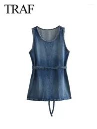 Robes décontractées Fashion's Fashion Spring Chic denim Bleu O-Neck Sans manchons à lacets décoré Slit Femme Streetwear Mini