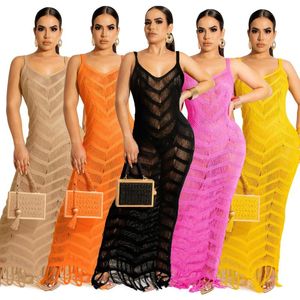 Casual jurken vrouw mouwloos gebreide midi jurk massief kleuren gat bodycon tassel strand s-2xl z0227casual