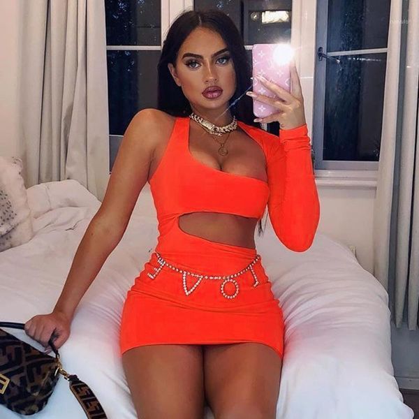 Vestidos casuales mujer verano 2022 naranja Irregular ahueca hacia fuera un hombro Vestido corto mujeres señoras Night Club neón Bodycon Mini