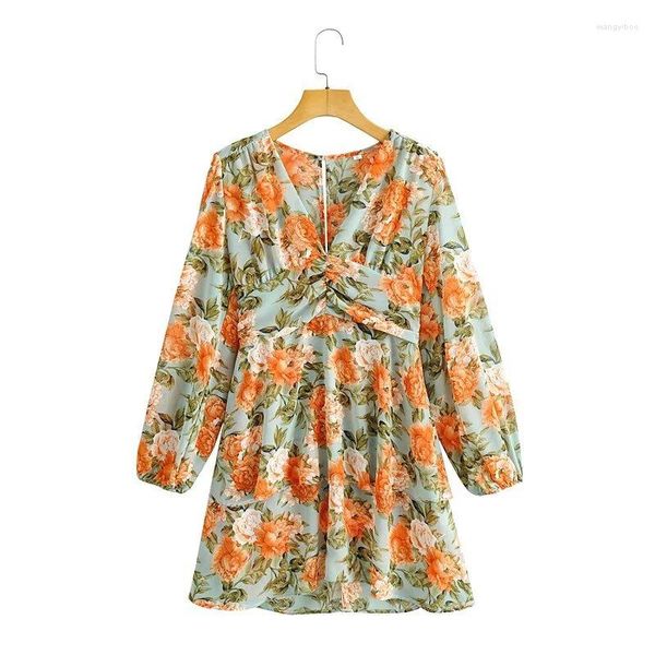 Vestidos casuales Mujer Dulce Naranja Floral Cuello en V Vestido corto 2023 Primavera Mujer Chic Cintura alta Estampado Mini Flor Playa