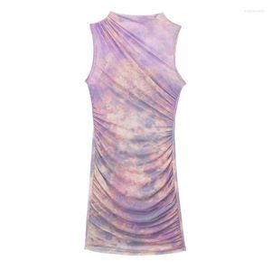 Vestidos casuales Mujer Dulce Púrpura Delgado Tie Dye Mesh Tank Dress 2023 Summer Girls Chic Gradient Mini Mujer Elástico Beach Short