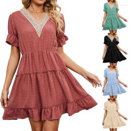 Casual jurken Woman V Neck Smocked High Tailed Dress Traid Summer Summer Sort Sleeve Mini Flowy Ruffle