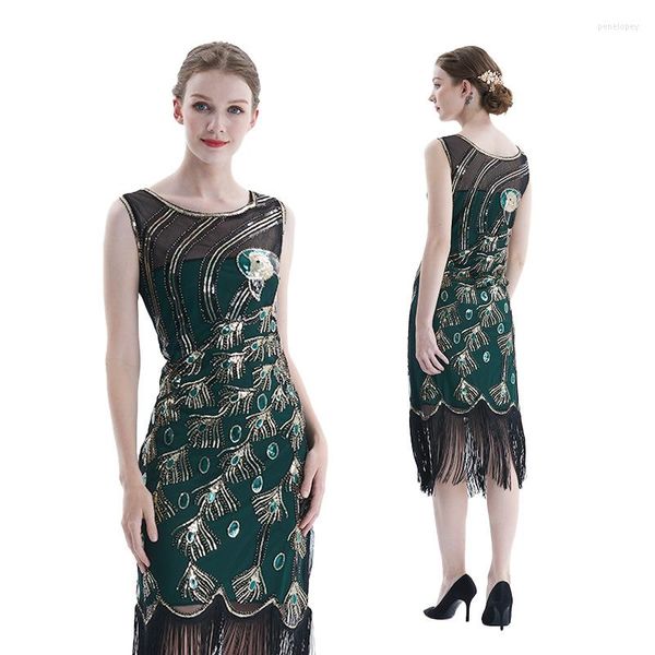 Vestidos casuales mujeres 1920 s vintage gran gatsby vestido lentejuelas bordado o-cuello borlas bodycon con cuentas fiesta flapper arte