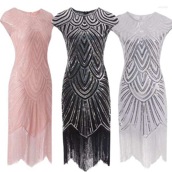 Vestidos casuales Mujeres 1920s Vintage Flapper Vestido de fiesta Gran Gatsby Brillante O-cuello Cap Manga Lentejuelas Grano Flecos Borla