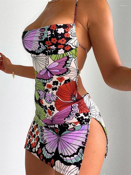 Vestidos casuales Mujer 2023 Mariposa Estampado floral Y2k Vestido de verano Trajes de club de vacaciones Sexy Halter Sin espalda Slit Mini