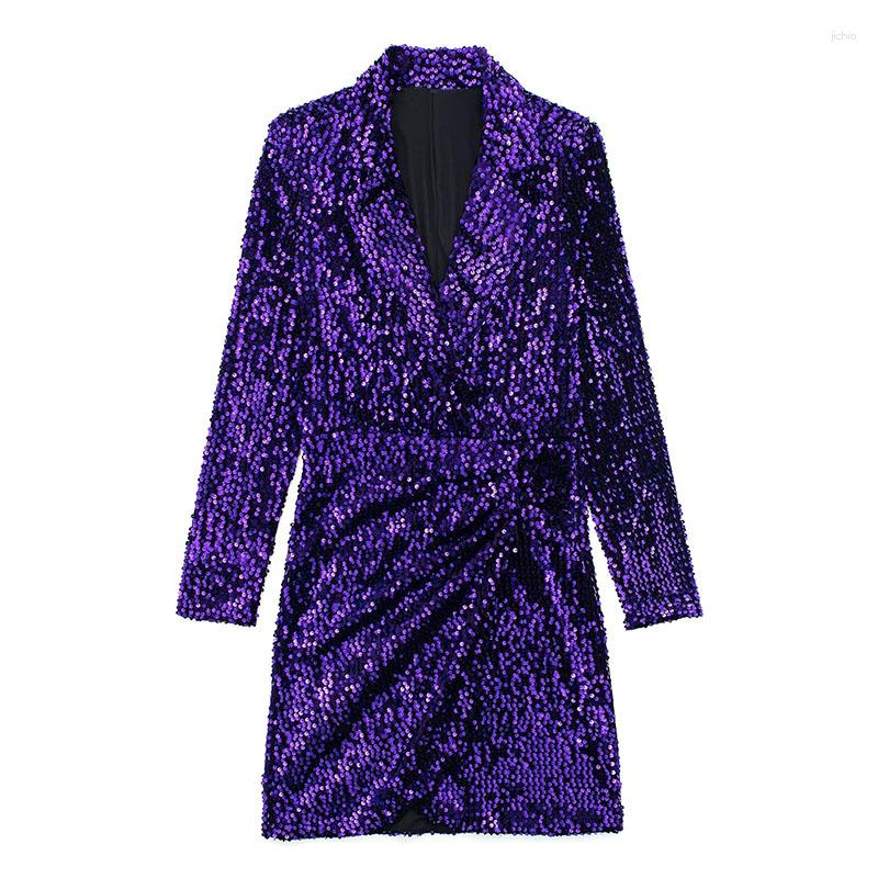 Robes décontractées femmes 2023 mode violet paillettes automne robe Vintage col cranté manches longues femme fête Banquet vêtements