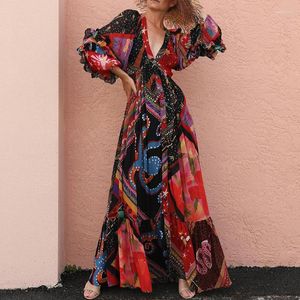 Vestidos casuales Mujeres 2023 Impreso Bohemio Robe con cuello en V Vestido de manga larga Fiesta de playa Ropa de vacaciones Boho Sundress Vestidos