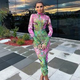 Casual Jurken Vrouwen 2023 Zomer Herfst Mode Lange Mouw Bodycon Streetwear Bloemen Gedrukt Midi Jurk Groothandel Artikelen Voor