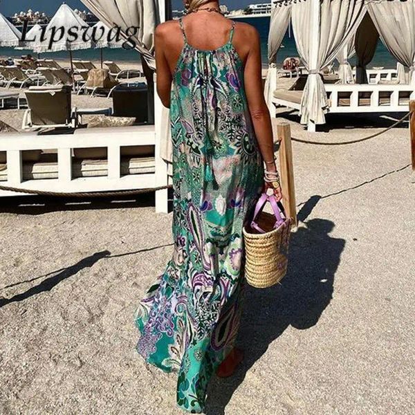 Vestidos casuales Mujeres 2024 Sexy Off Shoulter Halter Vestido All Match Patrón de verano Impresión Vocación Elegante dobladillo suelto bohemio