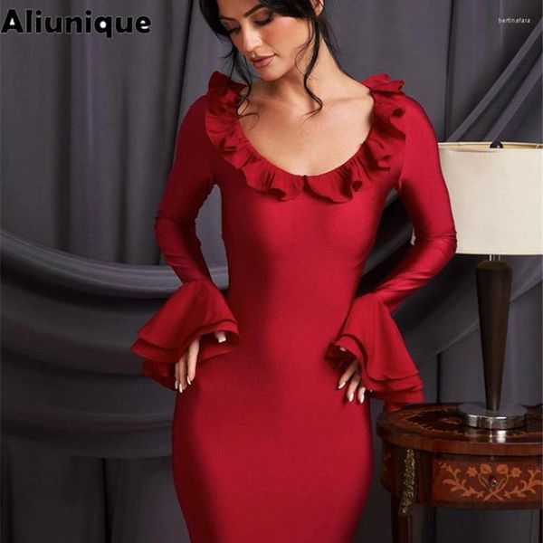 Vestidos casuales mujeres 2024 primavera otoño elegante manga acampanada vestido largo rojo fiesta club noche bodycon streetwear artículos al por mayor para negocios