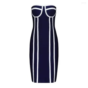 Casual Jurken Vrouwen 2024 Zomer Donker Marineblauw Sexy Gestreepte Strapless Outfit Mode Bodycon Party Club Wear Bandage Jurk Groothandel