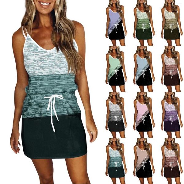 Vestidos casuales Mujeres 2024 Moda de verano Impresión Colorblock V-cuello sin mangas Diseño de bolsillo Mini vestido de vacaciones diarias