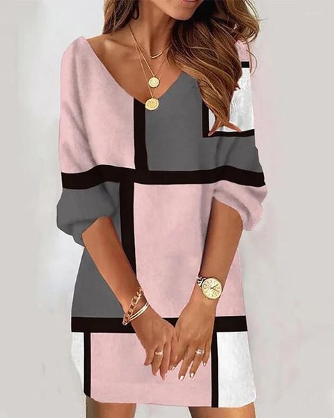 Robes décontractées Femme 2024 Robe colorblock à imprimé géométrique d'été Vêtements de robe à manches longues en V