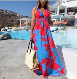 Casual jurken dames 2023 zomer Boheemse print mode sexy halter v-neck mouwloze backless sling swing maxi vakantie jurk