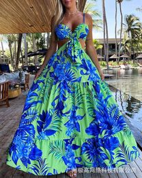 Vrijetijdsjurken Dames 2023 Zomer Mode Bloemenprint V-hals Mouwloos Knipsel Taille Sling Boho Vakantie Maxi-jurk