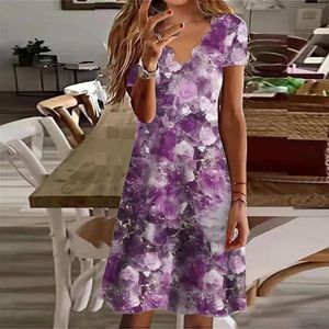 Robes décontractées femmes Boho Style floral col en V robe mi-longue Vintage ample à manches courtes 2023 vêtements d'été dames plage robe d'été