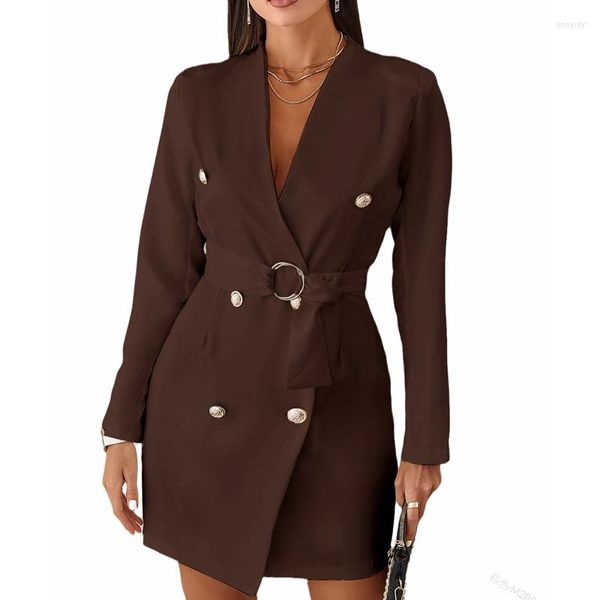 Robes décontractées femmes costume d'affaires robe printemps Sexy solide mince taille haute à manches longues col en v Double boutonnage bureau dame