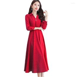 Robes décontractées vêtements pour femmes à manches longues coton lin automne femmes robe 2022 grande taille col en v moyen femme NBH31