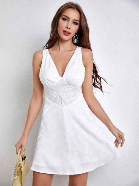 Vestidos informales Mini vestido estampado de encaje francés para mujer Verano con cuello en V profundo Blanco Elegante Falda de una línea Faldas cortas Dulce Picante Sin mangas