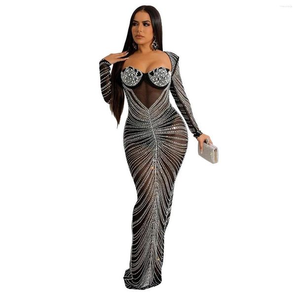 Vestidos casuales Vestido de mujer Rave Partywear Vestido Drill Mesh Diamonds Falda de manga larga Slim Birthday Evening Night Robe