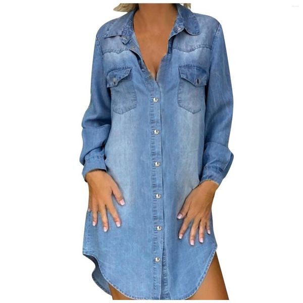 Robes décontractées Robe en Jean pour femme Mode Solide Col rabattu Bleu Chemise en jean Manches longues Poches Simple boutonnage #294