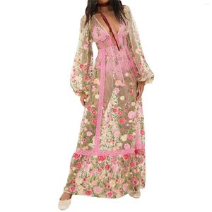 Robes décontractées femmes maille transparente imprimé fleuri robe à manches longues col en V dos nu voir à travers les couvertures Boho été plage jusqu'à
