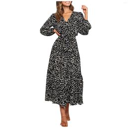 Robes décontractées femmes petit imprimé fleuri col en v robe mode tout-match à manches longues lâche tempérament Nuevo En Vestidos