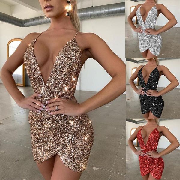 Vestidos casuales de espagueti para mujeres Correa profunda V cuello lentejuelas brillantes vestidos cortos chispedle bodycon club de fiesta de noche ropa 2023 moda