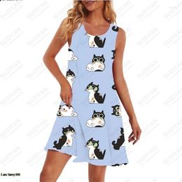Casual jurken dames zomerjurk strand schattig cartoon kitten ontwerp o nek minirok shirt shirt short mouw los